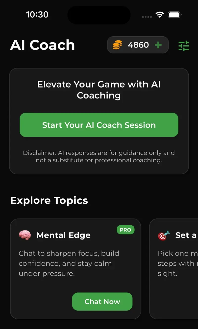 The AI Coach tab in BaselineTennisAI with a button to start a coaching session and topic cards such as Mental Edge