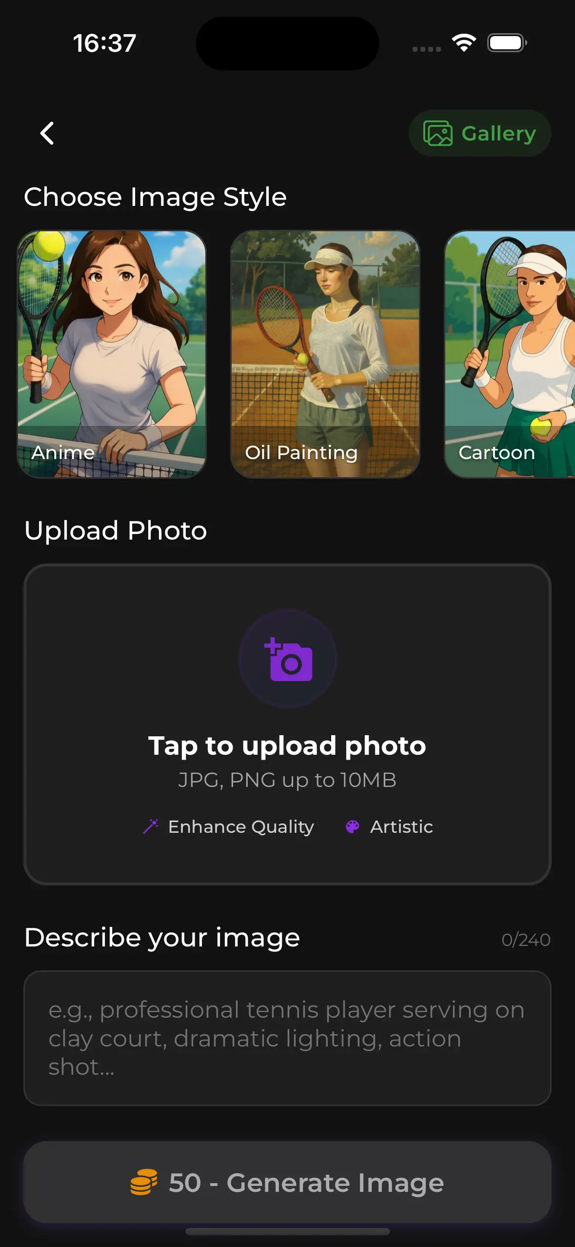 AI Image Generation interface showing tennis player artwork styles